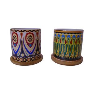 Succulent Pots 3 in Mandala Boho Multicolor Ceramic with Bamboo Trays 2 Pcs Set